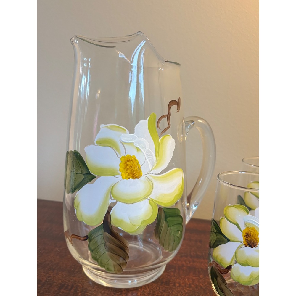 Vintage MCM Bartlett Collins pitcher & glasses set magnolia hand-painted - Picture 3 of 14